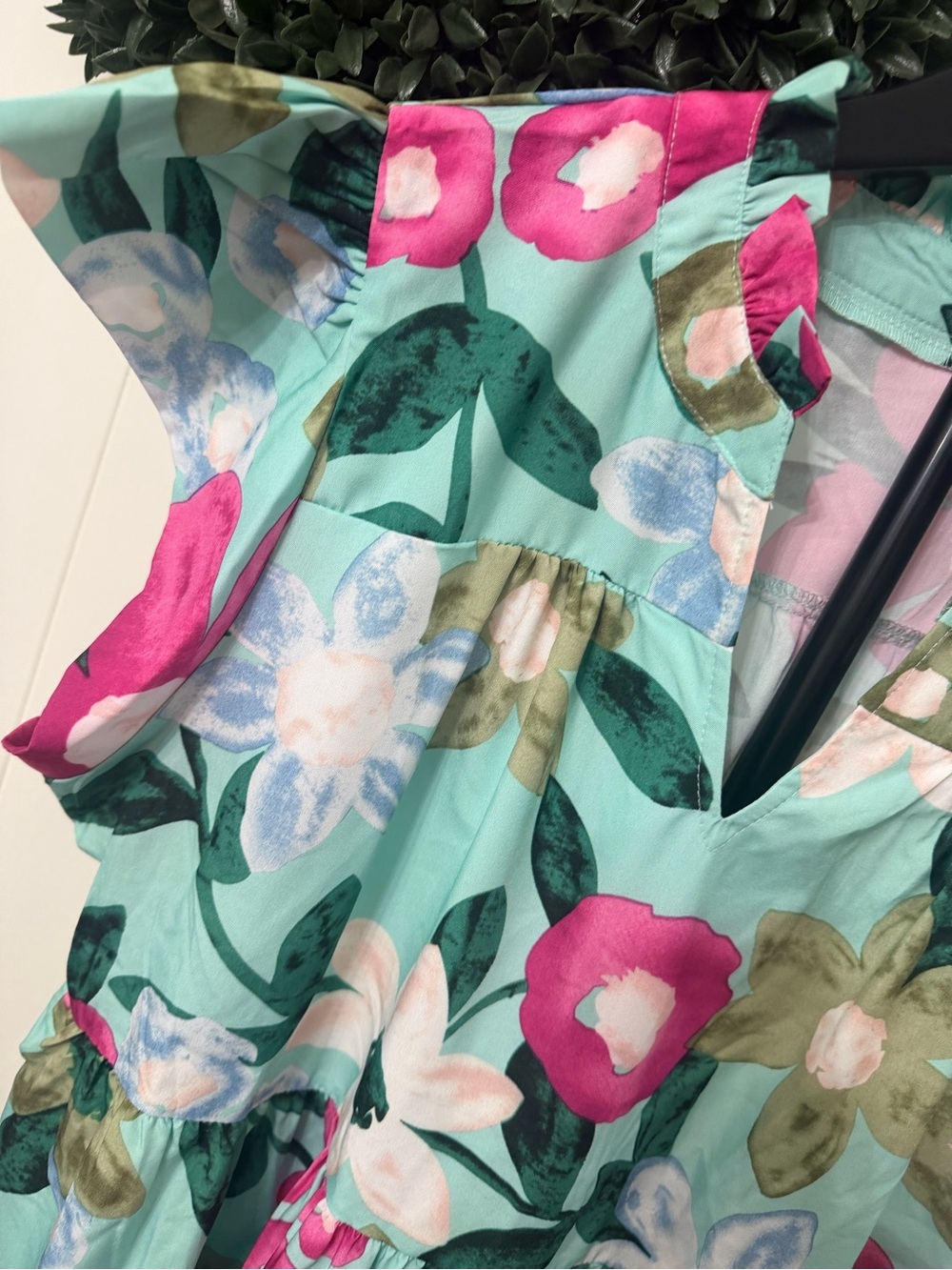 Floral Ruffled V-Neck Sundress - Mint with Pink & Green Flowers